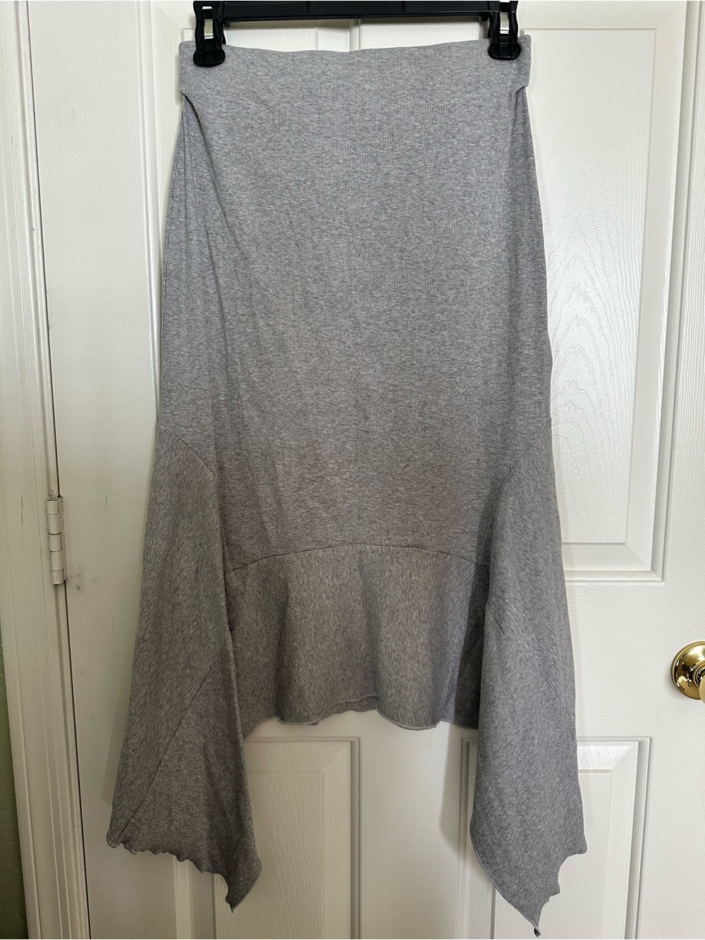 Gray Asymmetrical T-shirt material knit midi skirt elastic waistband
